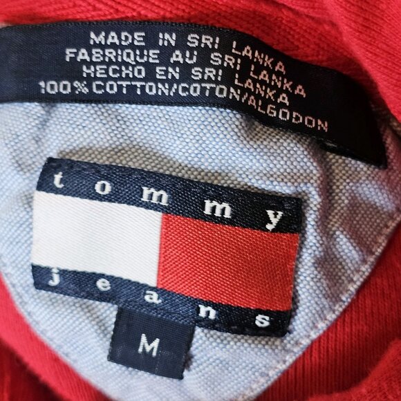 Y2K Tommy Hilfiger Red Polo Shirt Semi Cropped Tight Preppy Sz M Logo 2000s - Picture 7 of 8